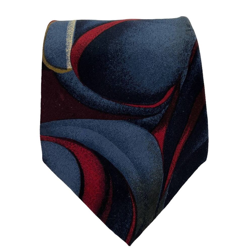 Je Suis 100% Silk Hand Sewn Hand Bar-Tacked Abstract Swirls Red Blue Gold 57"